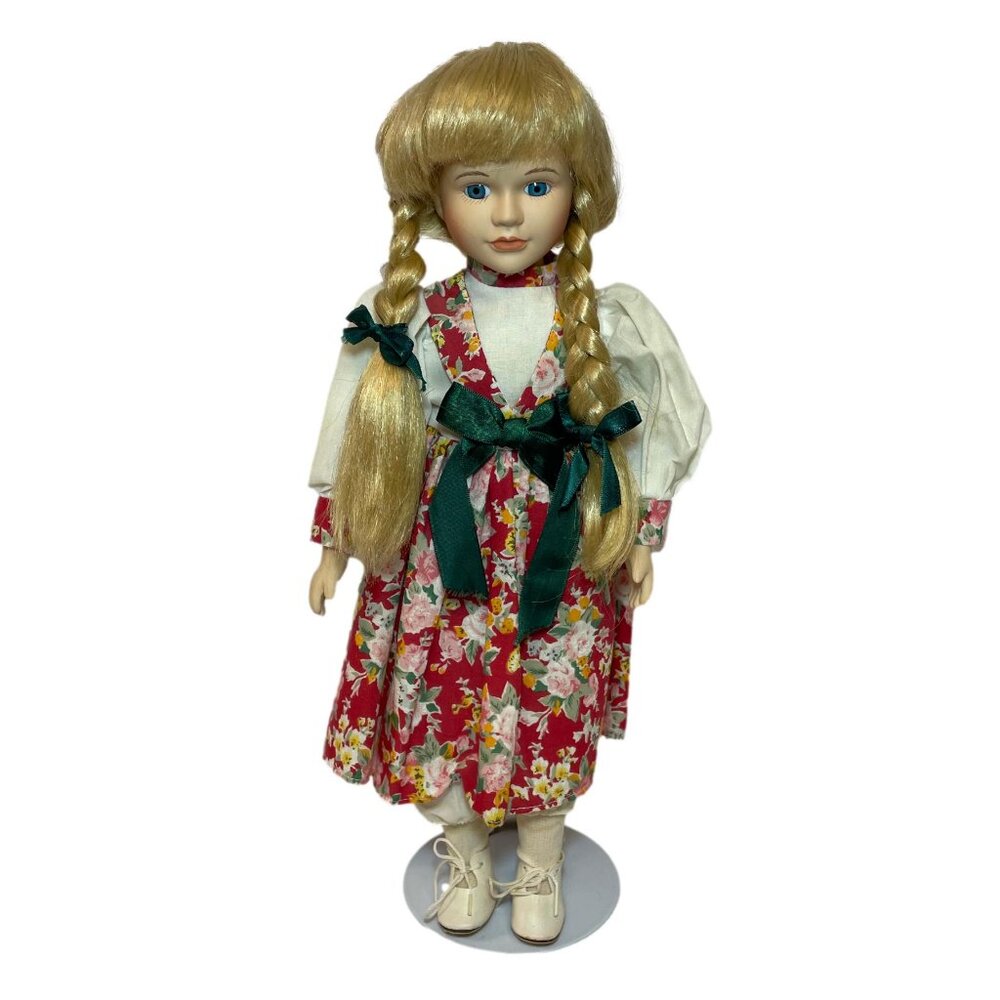 Porcelain Doll Red Floral Dress Blonde Braid Blue Eye Green Bow Ribbon 16 Inch